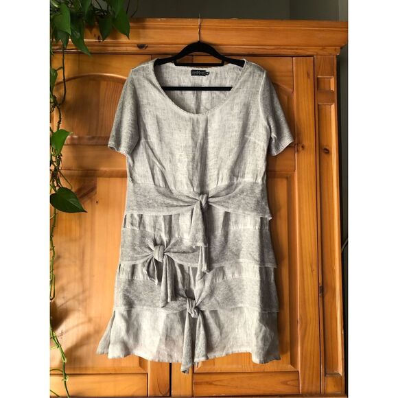 “Muza Poland Linen Dress – Gray, Short Sleeve, Artistic Knit Details (M - Picture 1 of 14